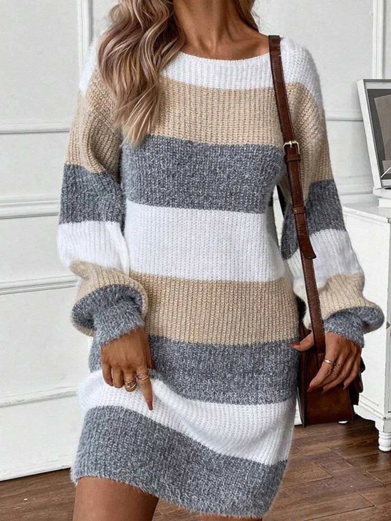 Color Block Long Sleeve Sweater Dress - ELY VESSA LLC