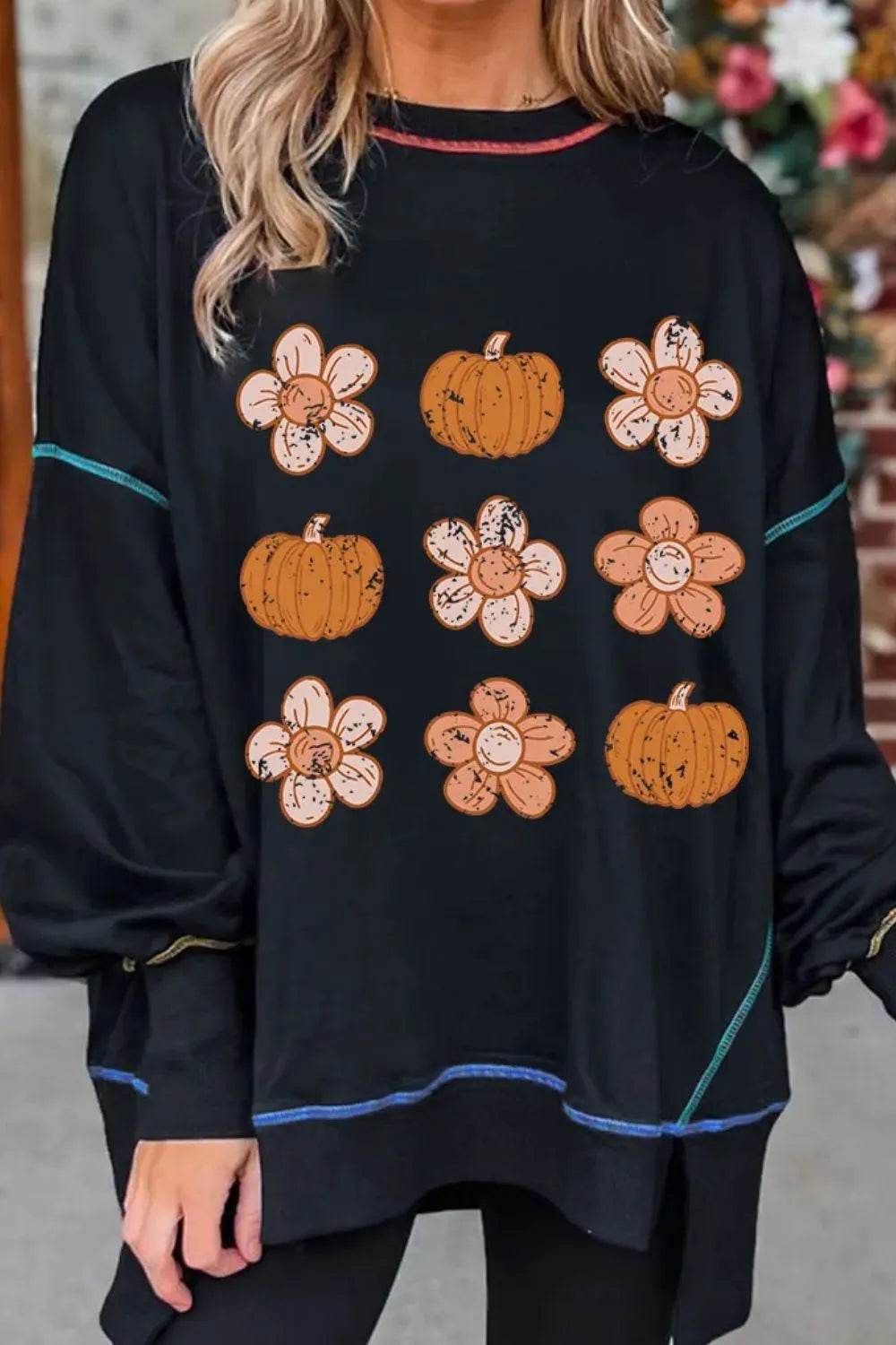 Pumpkin & Flower Graphic Long Sleeve Sweatshirt - ELY VESSA LLC