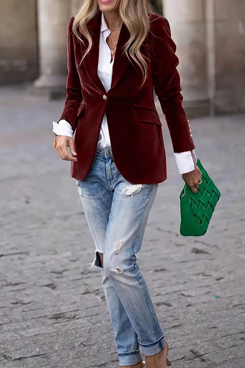 Lapel Collar One Button Blazer - ELY VESSA LLC