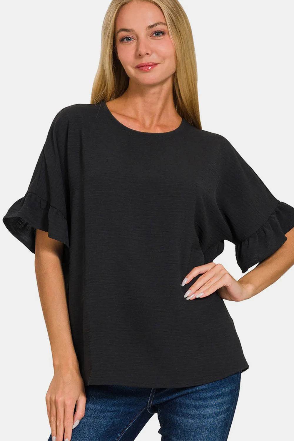 Zenana V-Neck Flutter Sleeve Top - ELY VESSA LLC
