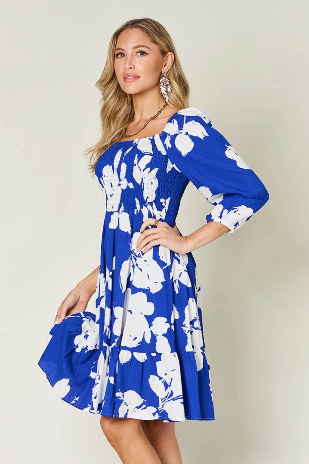 Double Take Full Size Floral Ruffle Hem Smocked Dress with Pockets - ELY VESSA LLC