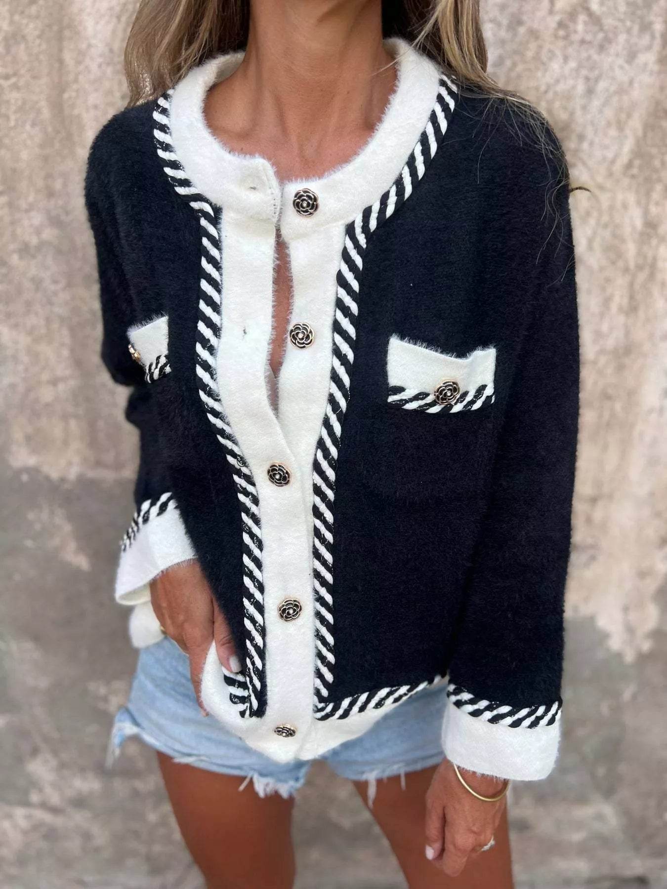 Contrast Trim Button Up Cardigan - ELY VESSA LLC