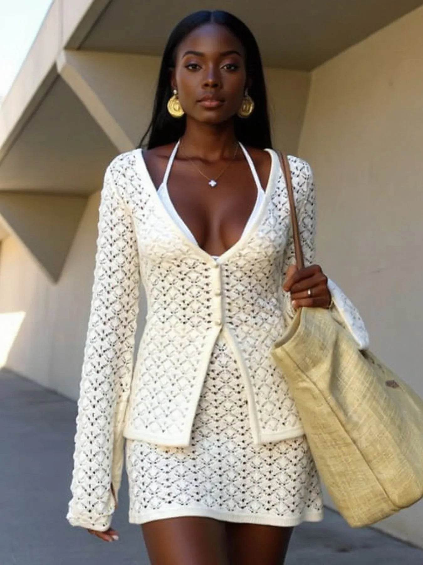 Button Up Crochet Cardigan and Skirt Sweater Set - ELY VESSA LLC