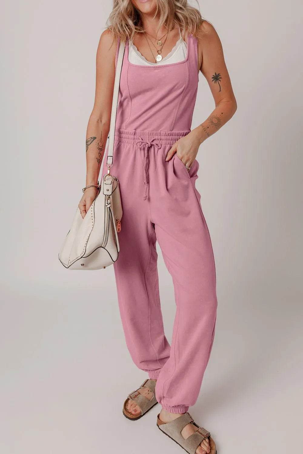 Elastic Waist Sleeveless Square Neck Jumpsuit - ELY VESSA LLC
