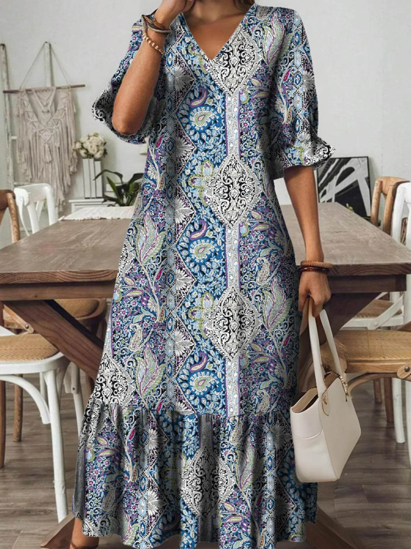 Full Size Bohemian Paisley Print V-Neck Midi Dress Plus Size - ELY VESSA LLC