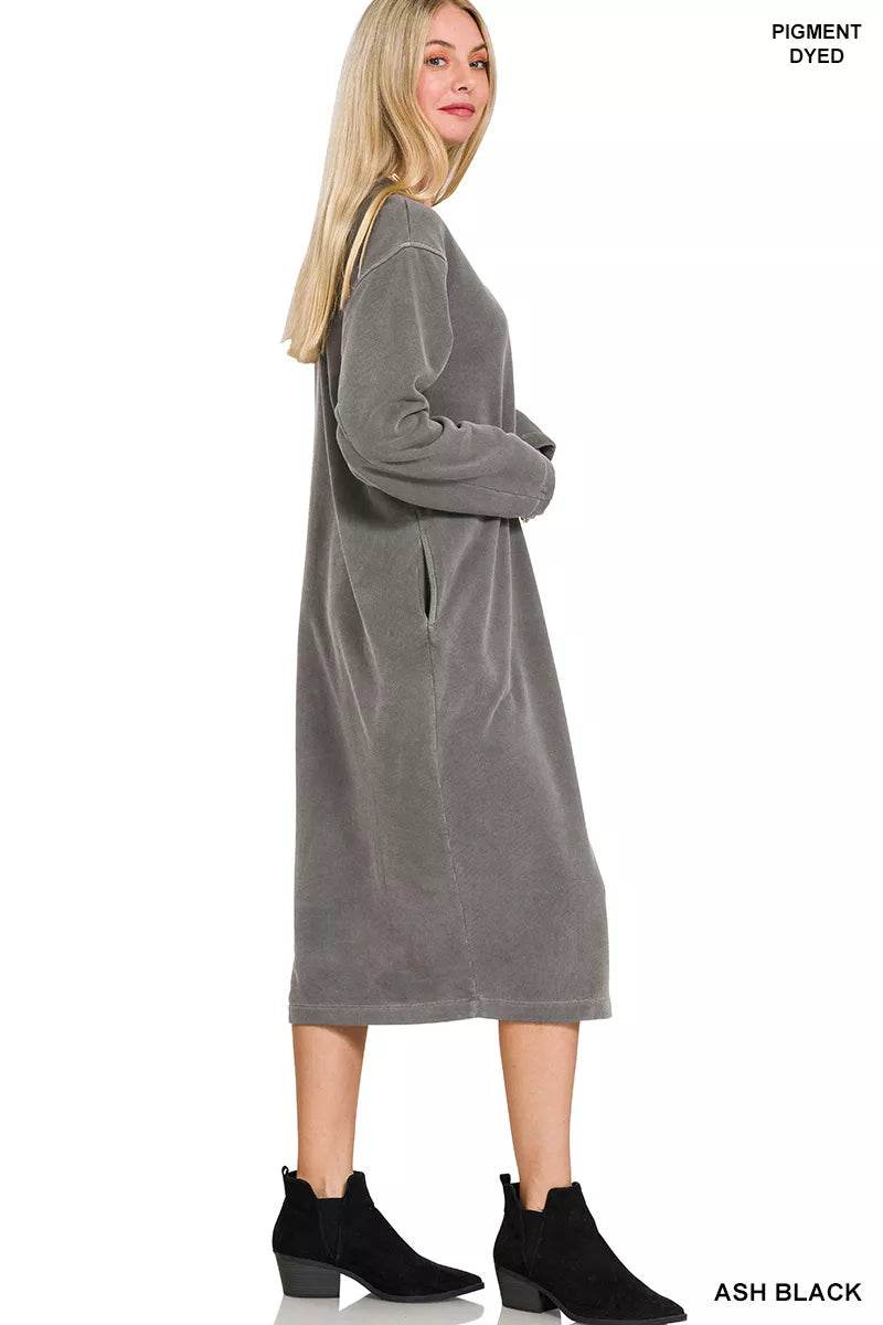 Zenana Soft Fleece Pigment Dye Sweatshirts Dress - ELY VESSA LLC