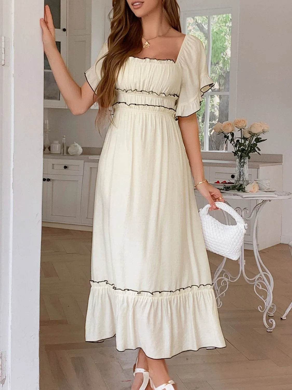 Square Neck Puff Sleeve Ruffle Trim Maxi Dress - ELY VESSA LLC