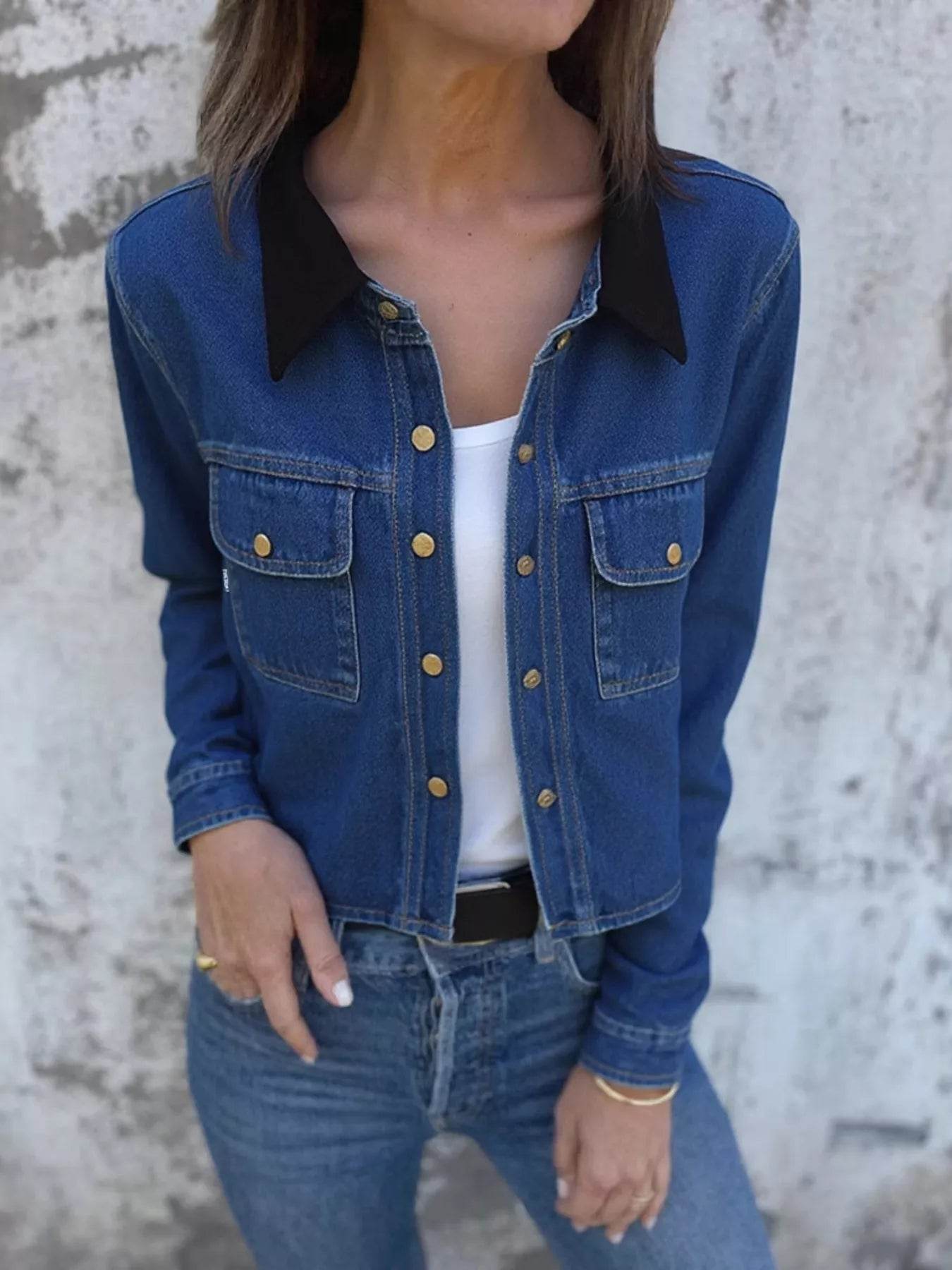Snap Down Denim Jacket with Chest Pockets - ELY VESSA LLC