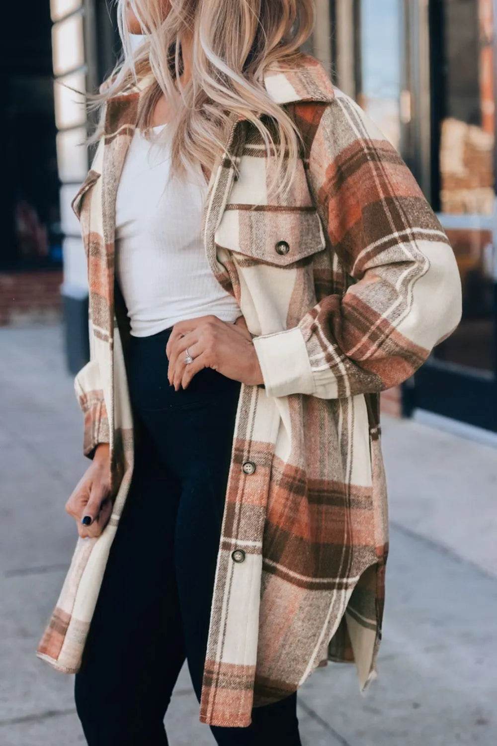 Pocketed Plaid Collared Neck Shacket - ELY VESSA LLC