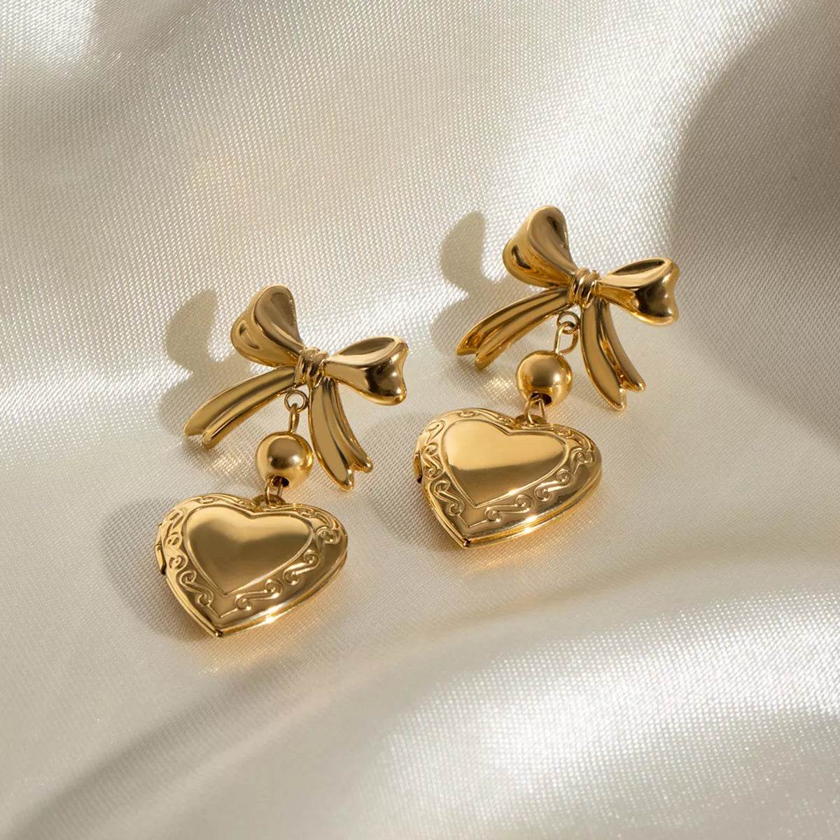 18K Gold-Plated Bow Heart Drop Earrings - ELY VESSA LLC