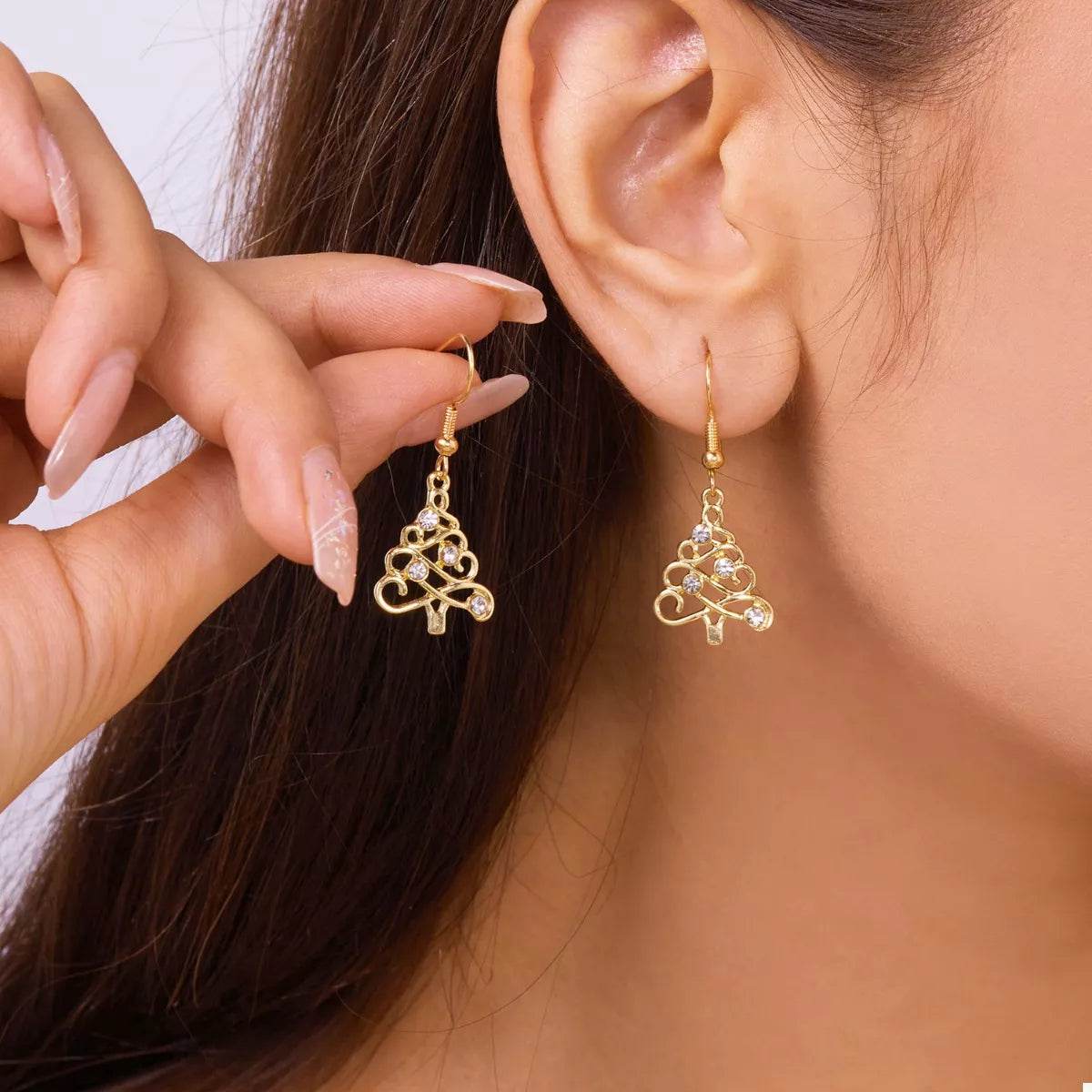 18K Gold-Plated Rhinestone Christmas Tree Dangle Earrings - ELY VESSA LLC