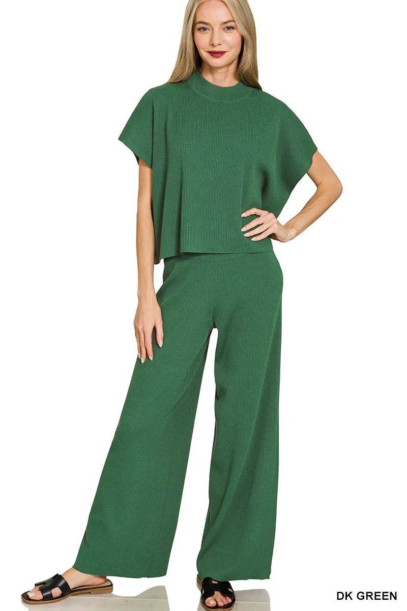 Zenana Viscose Sweater Short Sleeve Top and Pants Set - ELY VESSA LLC