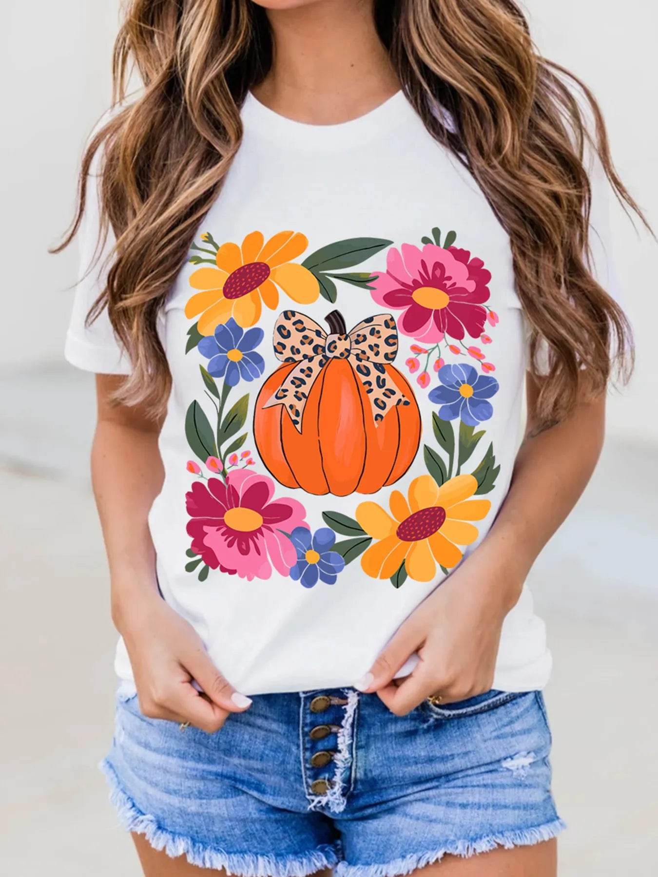 Pumpkin Floral Graphic Round Neck T-Shirt - ELY VESSA LLC