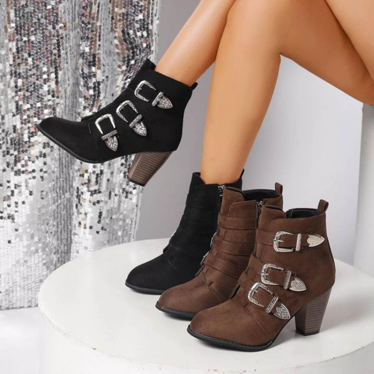 Point Toe Block Heels Boots - ELY VESSA LLC
