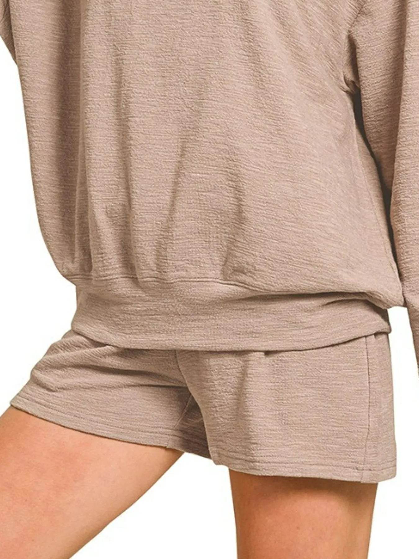 Zenana Slub Long Sleeve Top and Shorts Set - ELY VESSA LLC