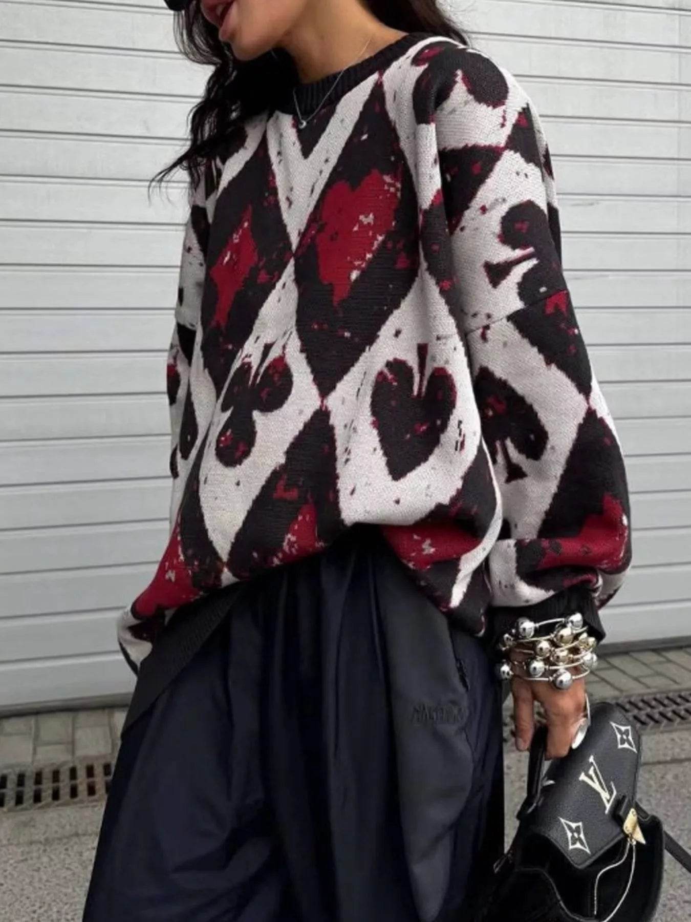 Contrast Diamond Round Neck Long Sleeve Sweater - ELY VESSA LLC