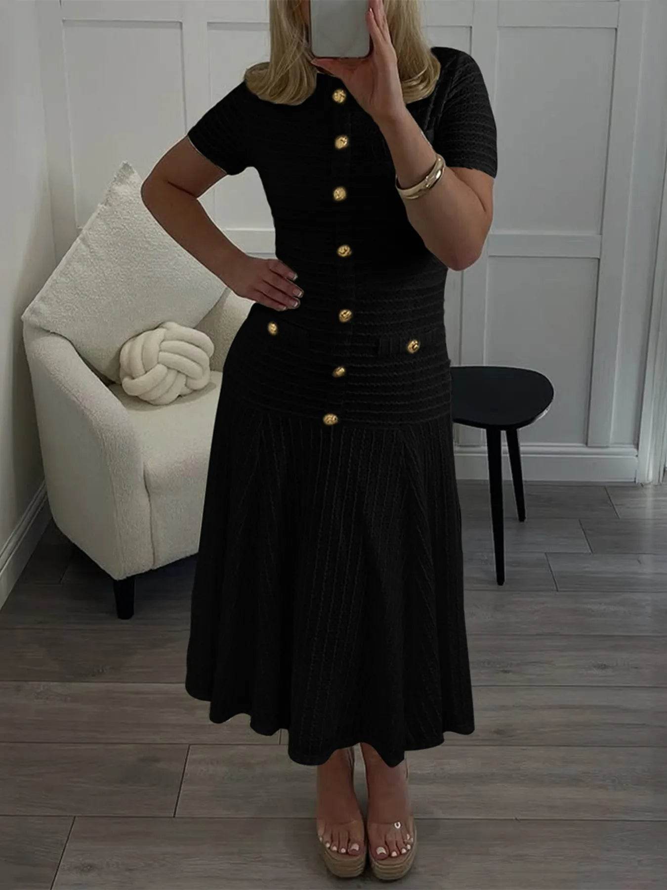 Textured Knit Short Sleeve Dress - ELY VESSA LLC