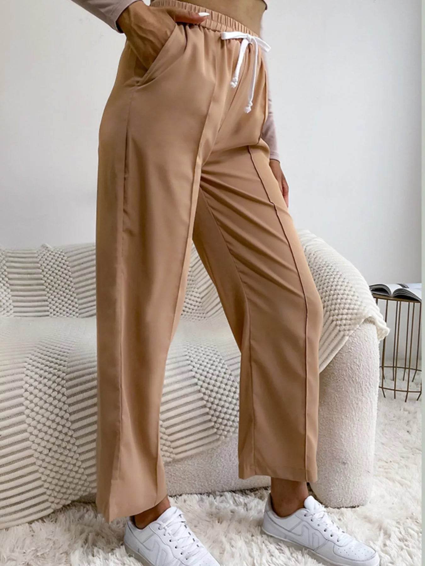 Wide Leg Drawstring Casual Pants - ELY VESSA LLC