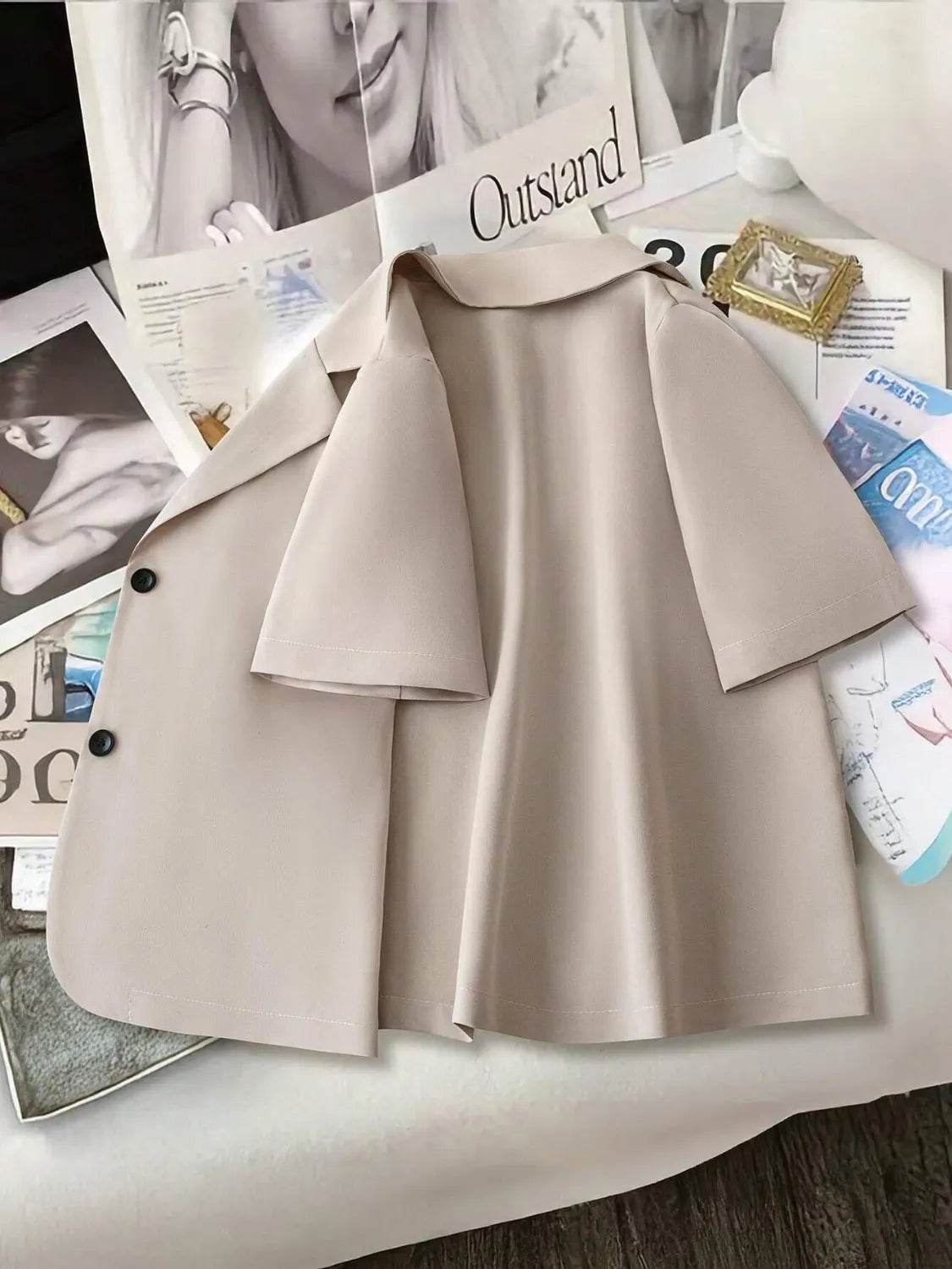 Short Sleeve Lapel Collar Solid Blazer - ELY VESSA LLC