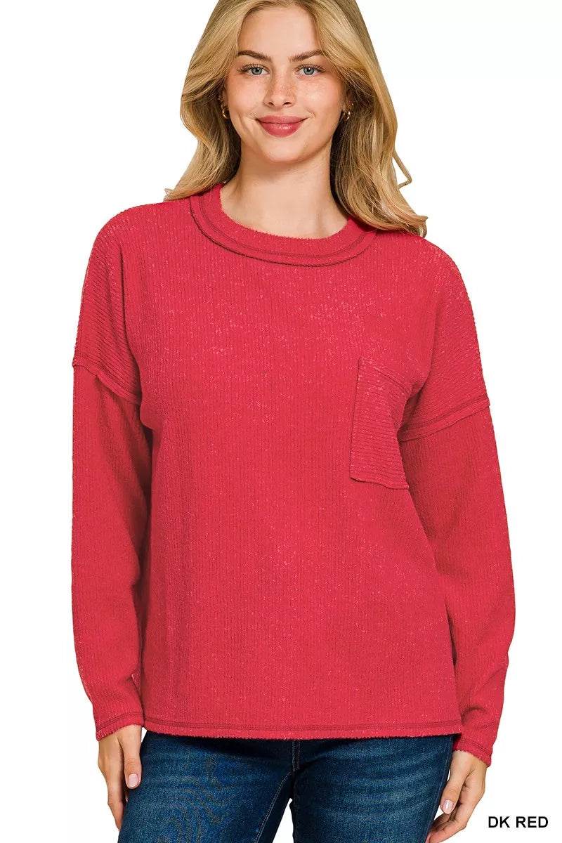 Zenana Ribbed Brushed Melange Hacci Sweater with Chest Pocket - ELY VESSA LLC