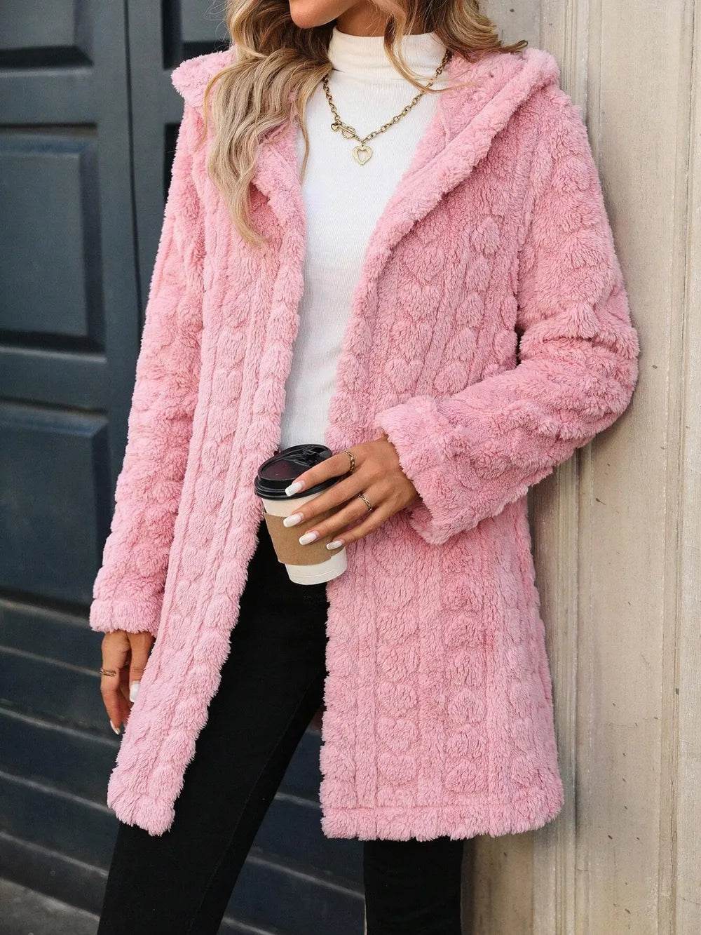 Heart Open Front Hooded Fuzzy Coat - ELY VESSA LLC