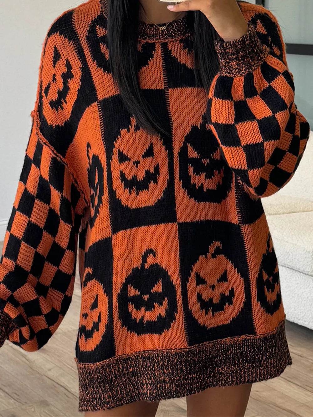 Exposed Seam Pumpkin Round Neck Long Sleeve Sweater - ELY VESSA LLC
