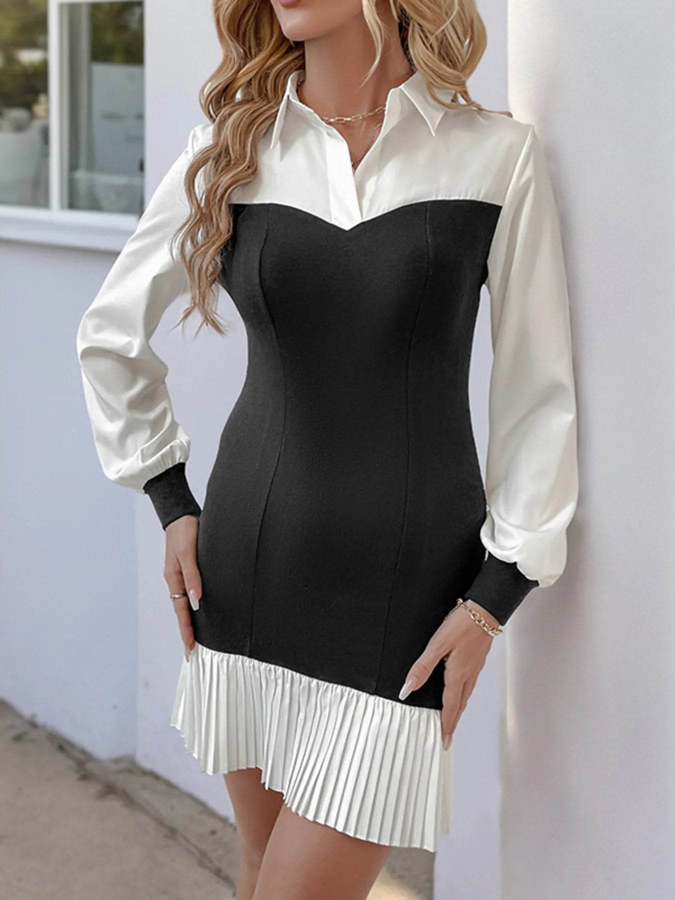 Two Tone Pleated Long Sleeve Shirt Dress - ELY VESSA LLC