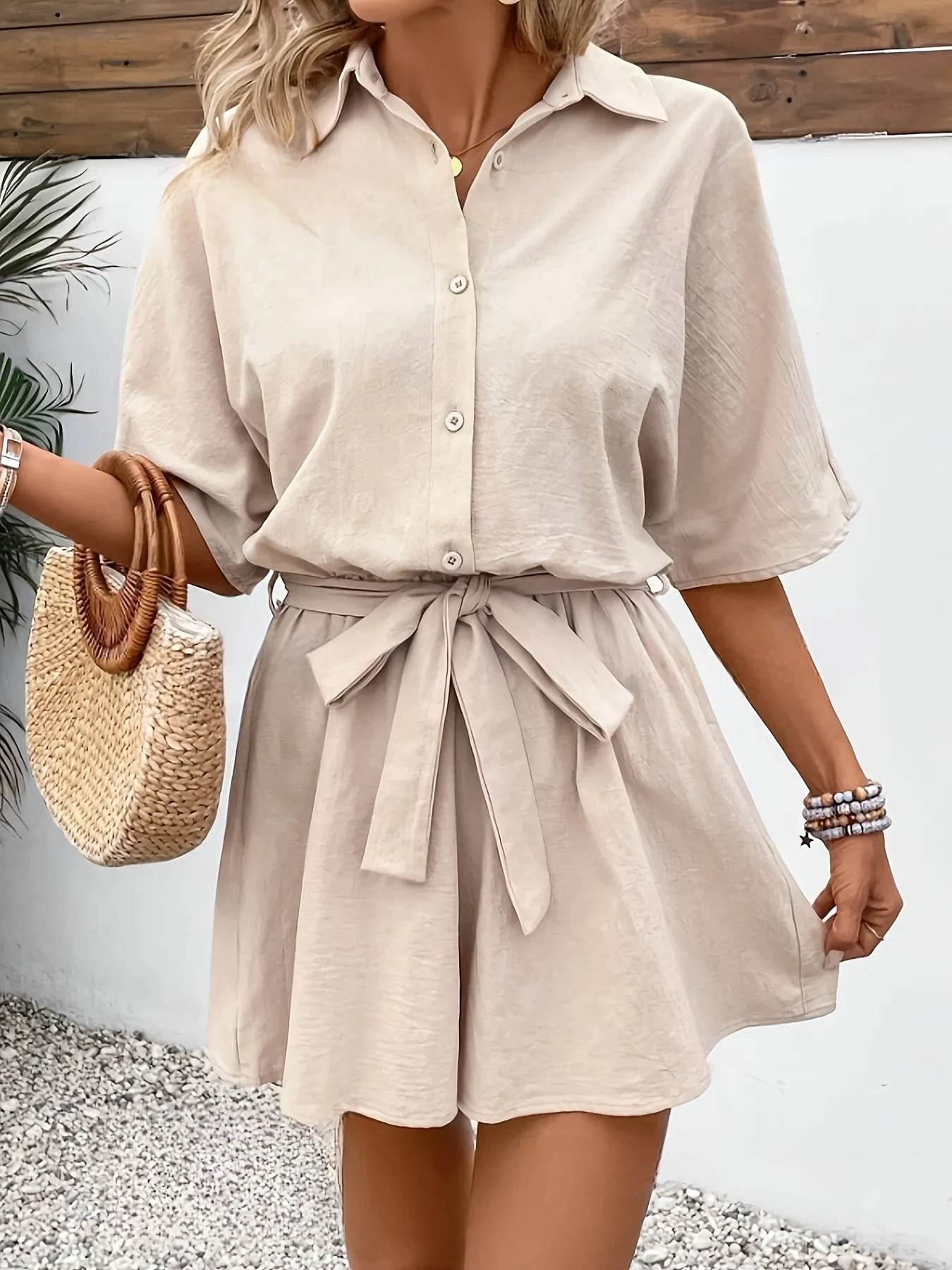 Button Front Tie Waist Romper - ELY VESSA LLC
