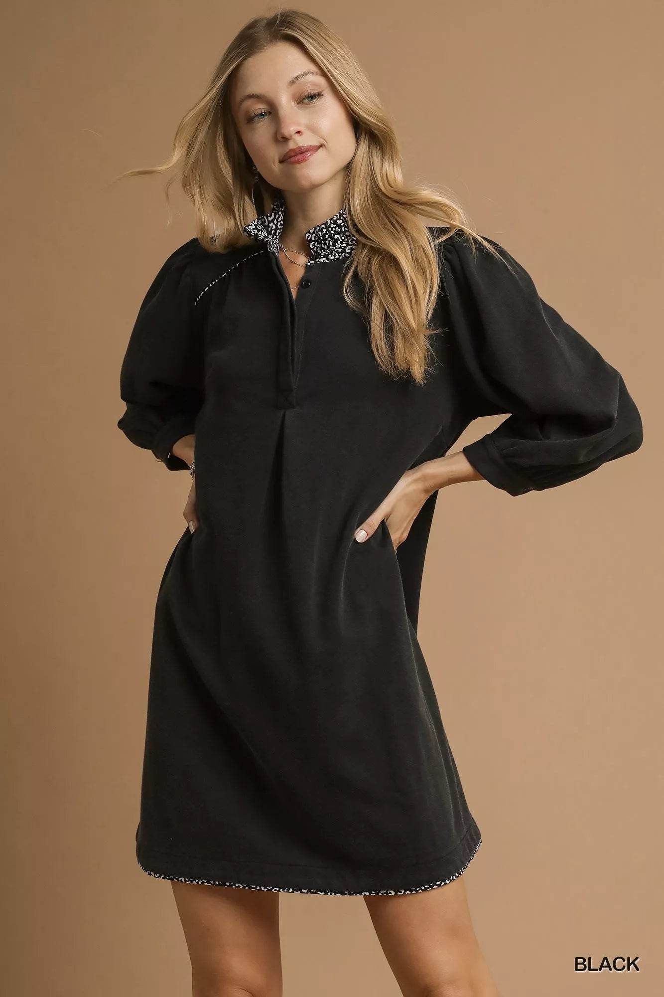 Umgee French Terry Balloon Sleeve Shift Dress with Leopard Print Detail - ELY VESSA LLC