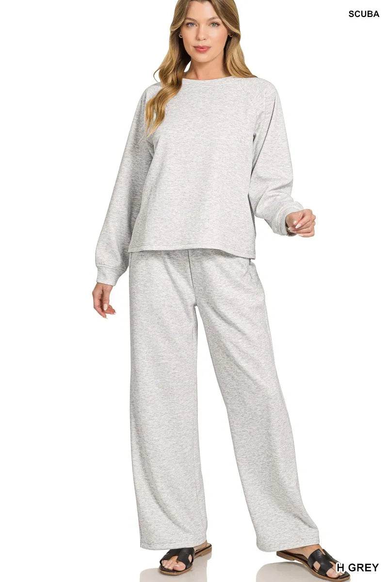 Zenana Scuba Crewneck Sweatshirt and Pants Set - ELY VESSA LLC