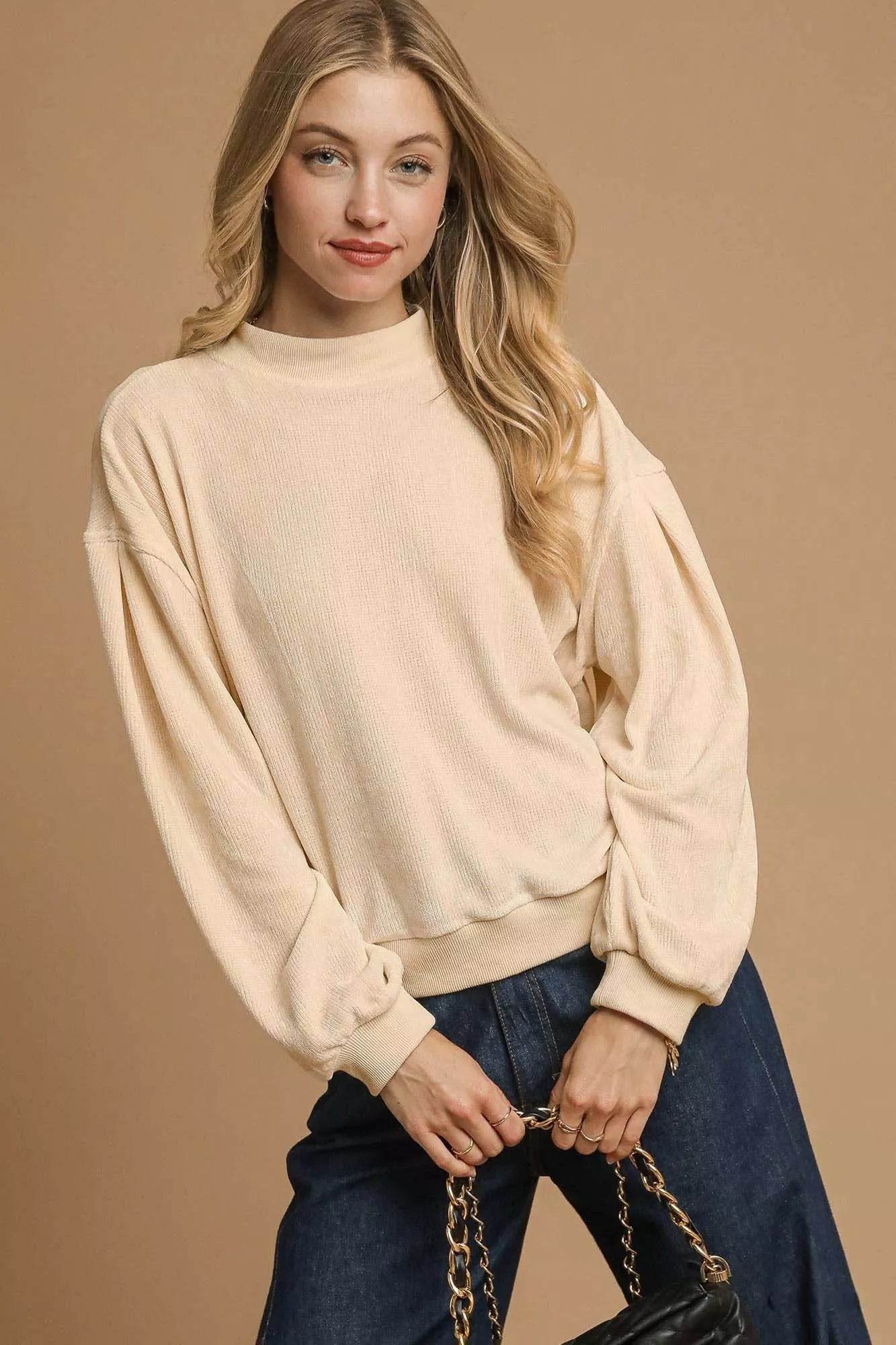 Umgee Velour Crewneck Balloon Sleeve Sweatshirt - ELY VESSA LLC