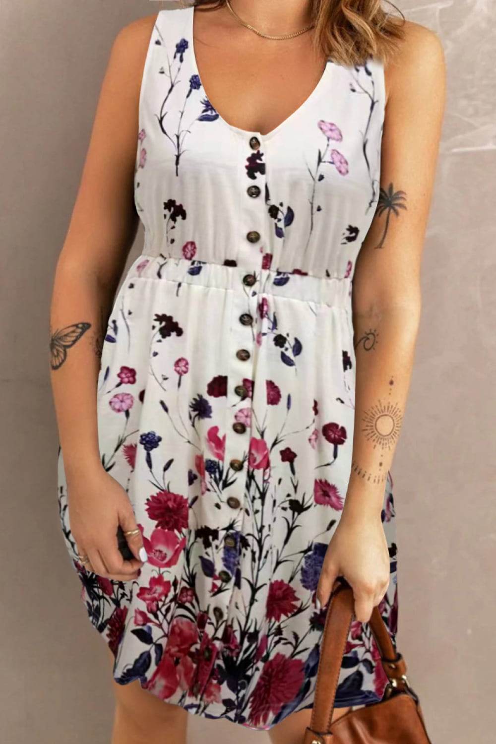 Double Take Scoop Neck Buttoned Sleeveless Magic Dress with Pockets - ELY VESSA LLC
