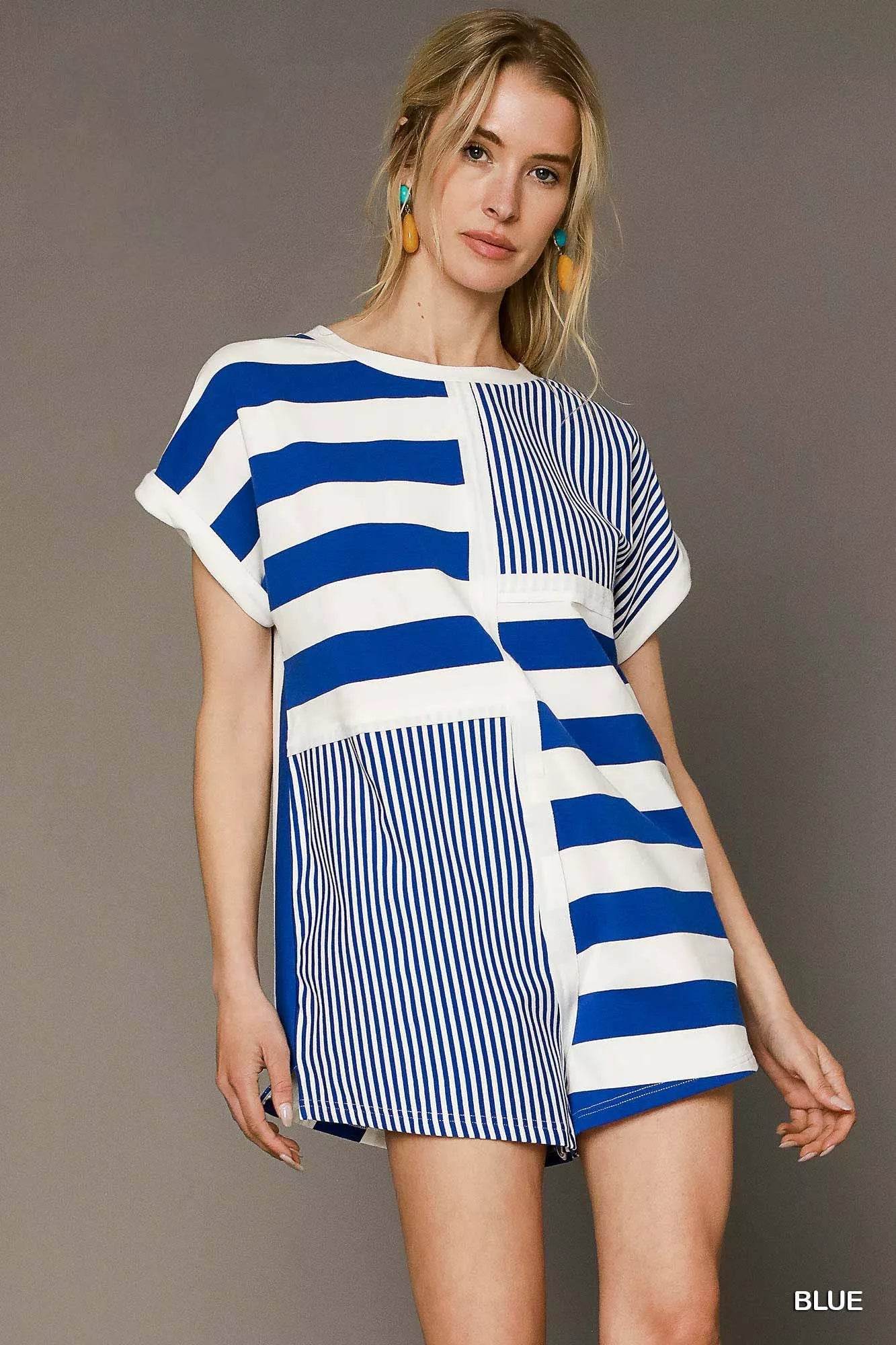 Umgee Mixed Striped Short Sleeve Romper - ELY VESSA LLC