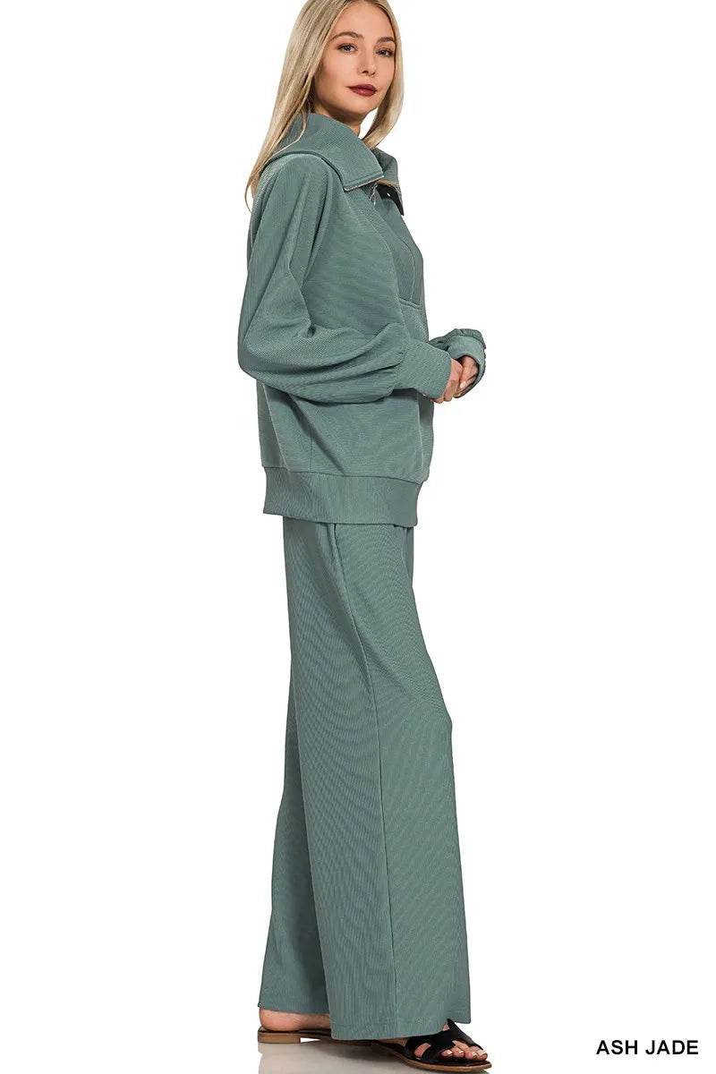 Zenana Ribbed High Neck Half Zip Pullover & Pants Set - ELY VESSA LLC