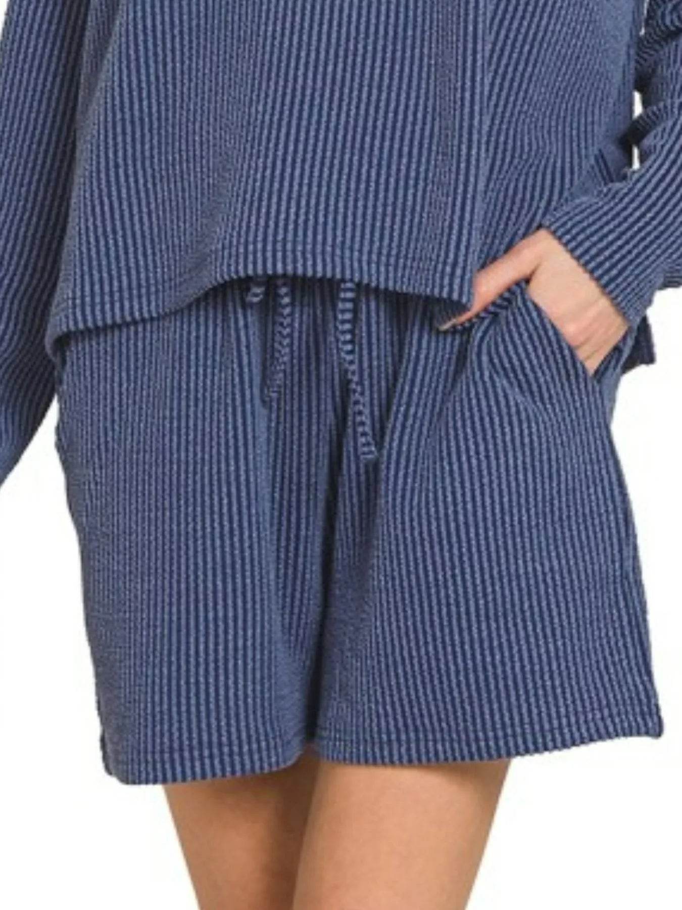 Zenana Corded Rib Long Sleeve Tee and Shorts Set - ELY VESSA LLC