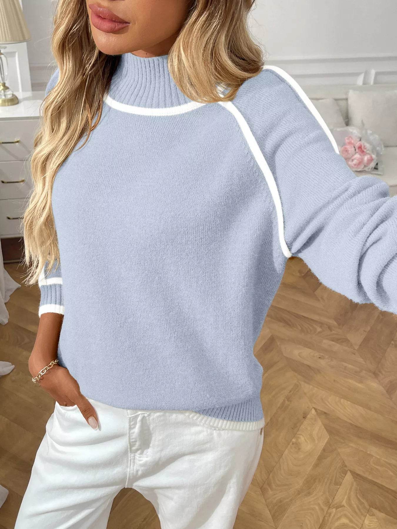 Contrast Trim Turtleneck Long Sleeve Sweater - ELY VESSA LLC