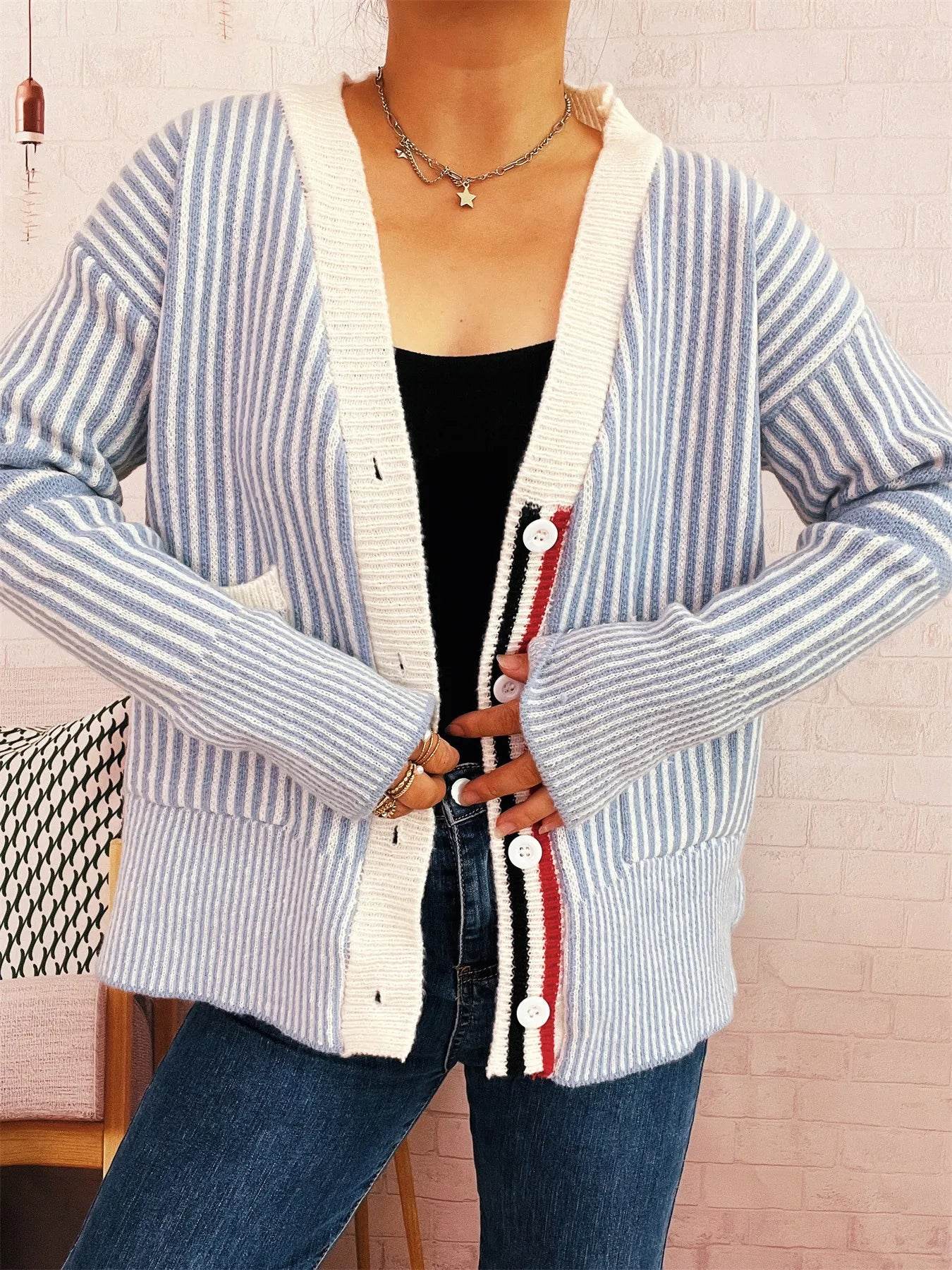 Striped Button-Front Cardigan with Contrast Trim - ELY VESSA LLC