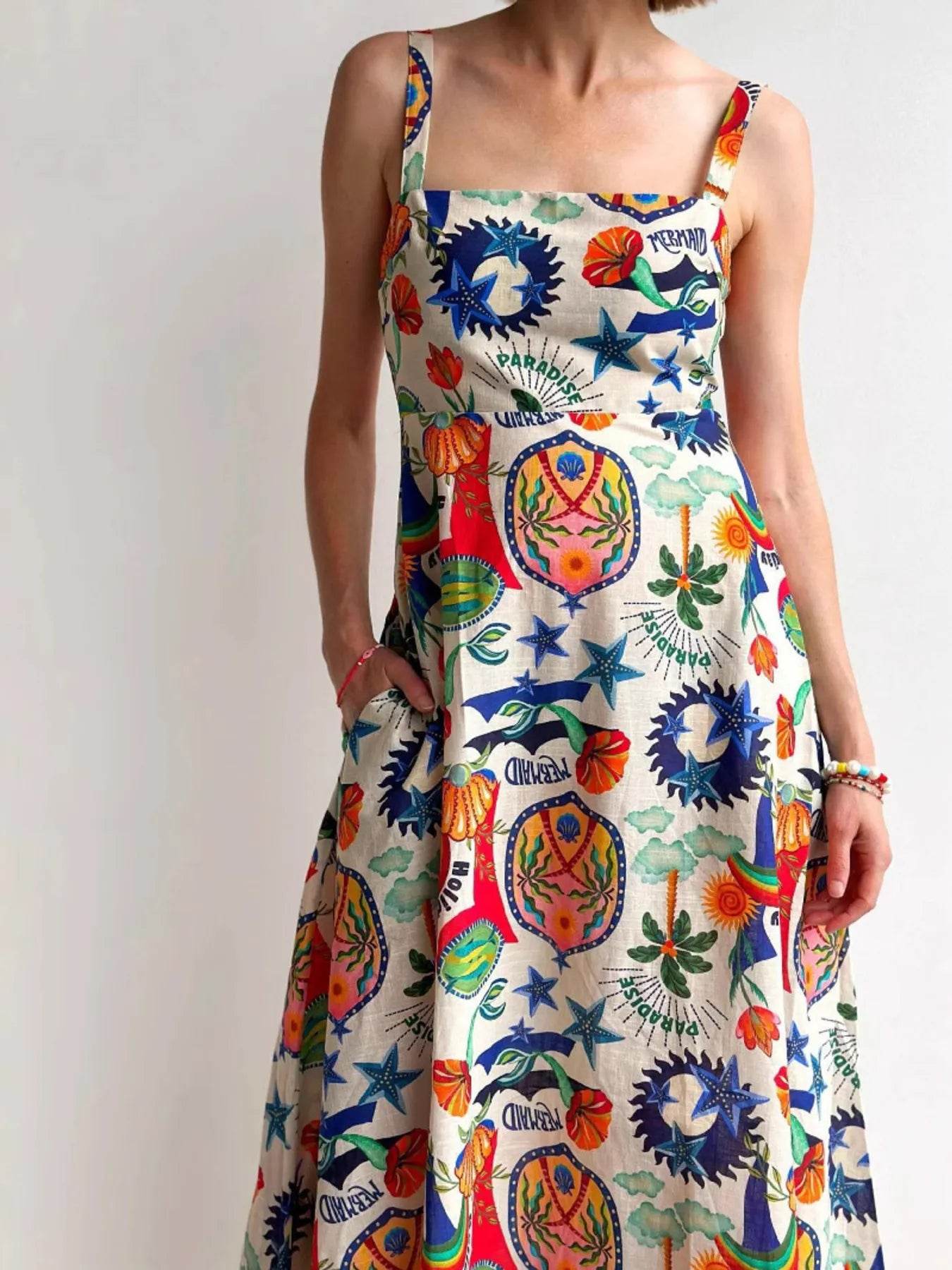 Printed Square Neck Maxi Dress - ELY VESSA LLC