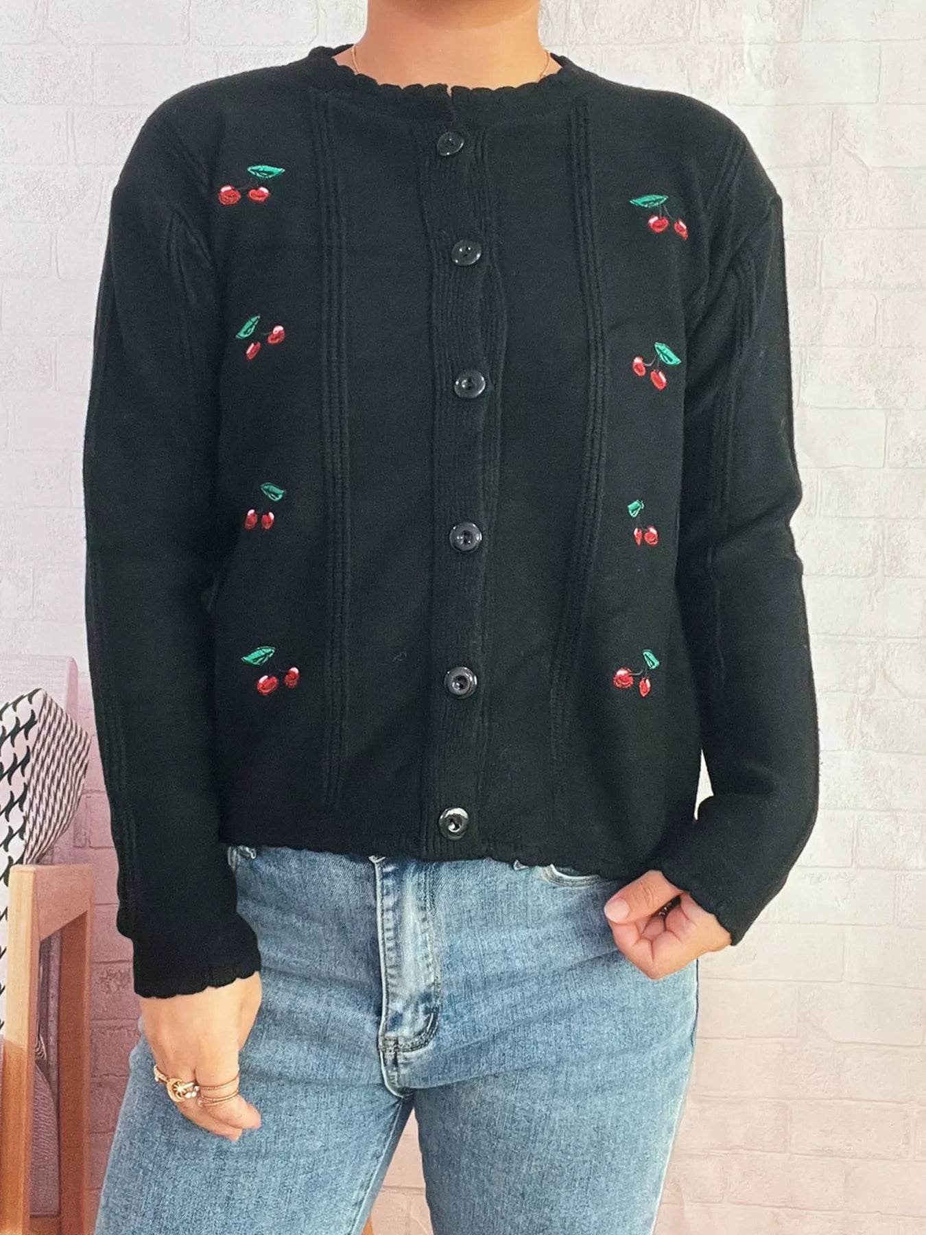 Cherry Embroidered Button Up Cardigan - ELY VESSA LLC