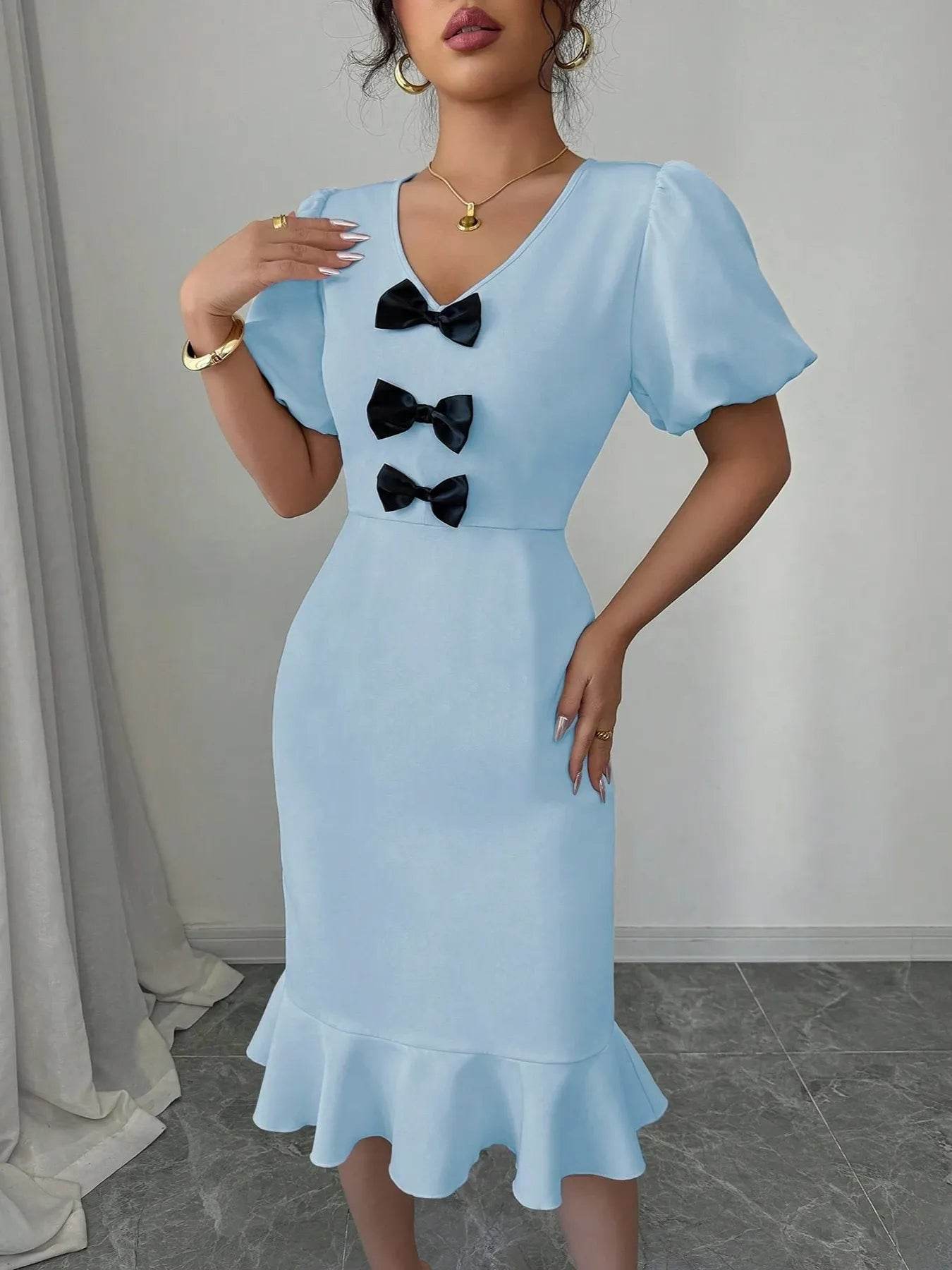 Bow Detail Puff Sleeve Midi Dress - ELY VESSA LLC