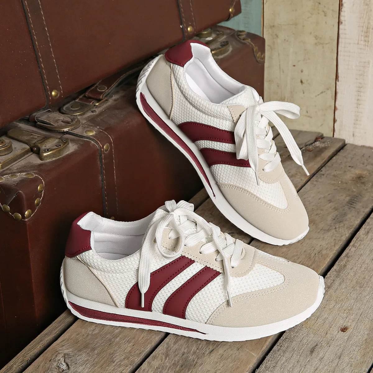Striped Contrast Mesh Lace Up Sneakers - ELY VESSA LLC
