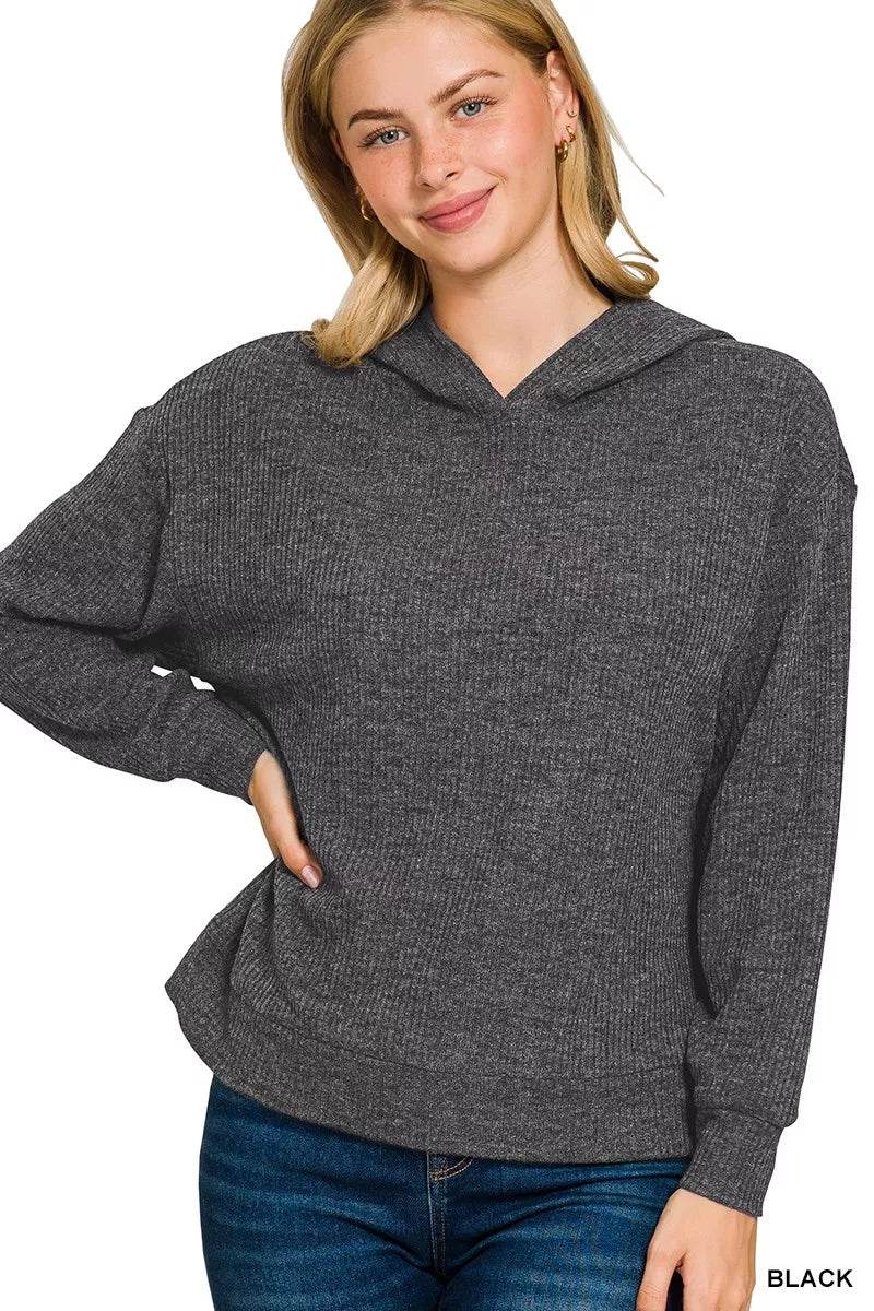 Zenana Ribbed Long Sleeve Hoodie - ELY VESSA LLC