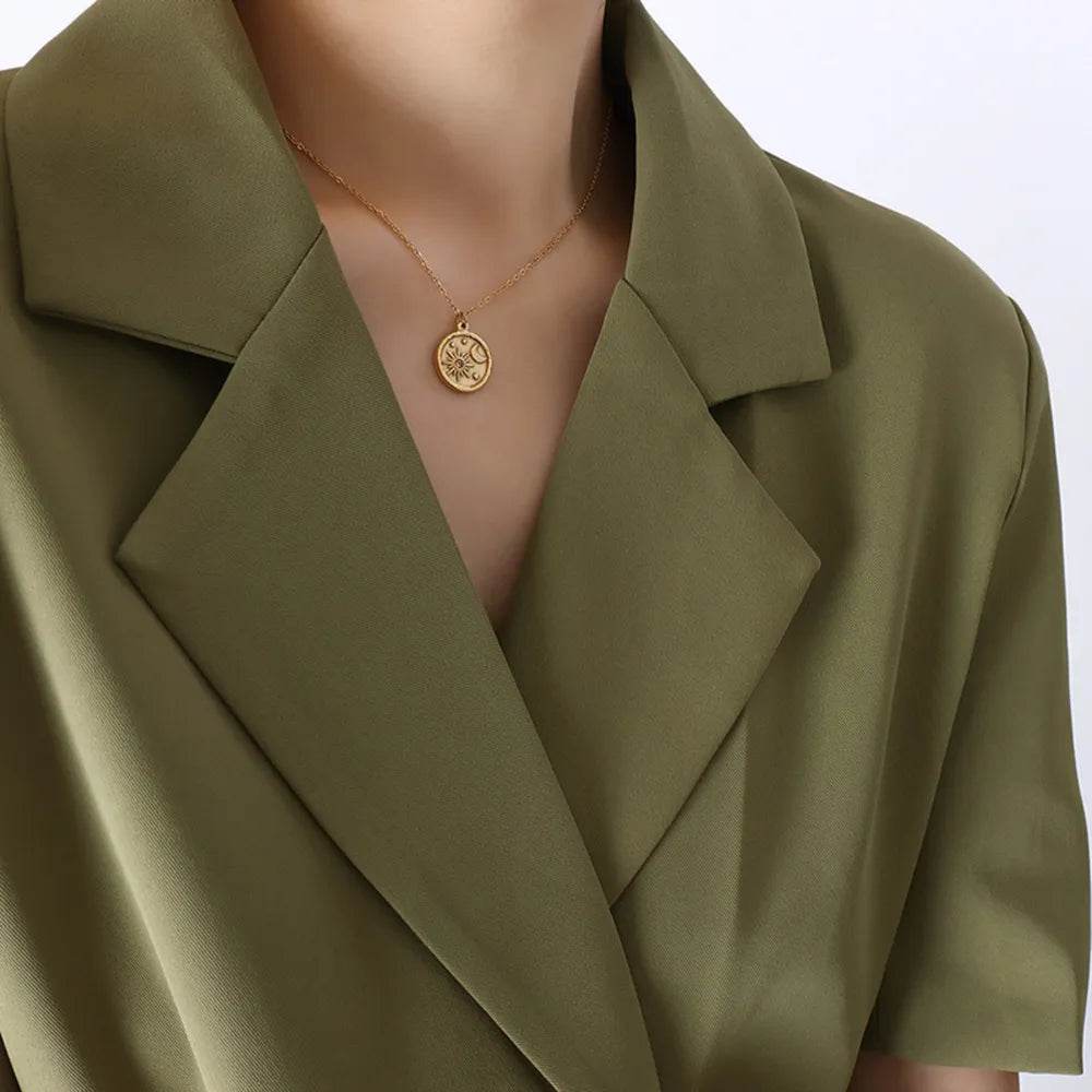 Zircon Titanium Steel Coin Shape Necklace - ELY VESSA LLC