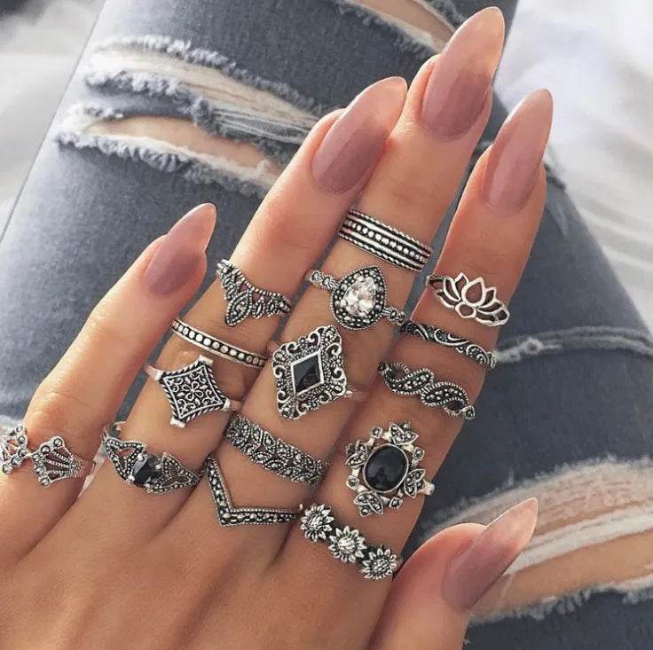 15 Piece Alloy Vintage Ring Set - ELY VESSA LLC