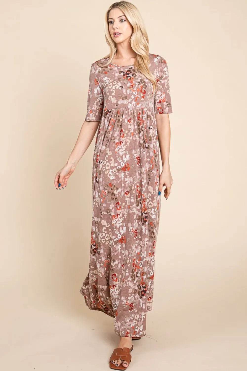 BOMBOM Printed Shirred Maxi Dress - ELY VESSA LLC