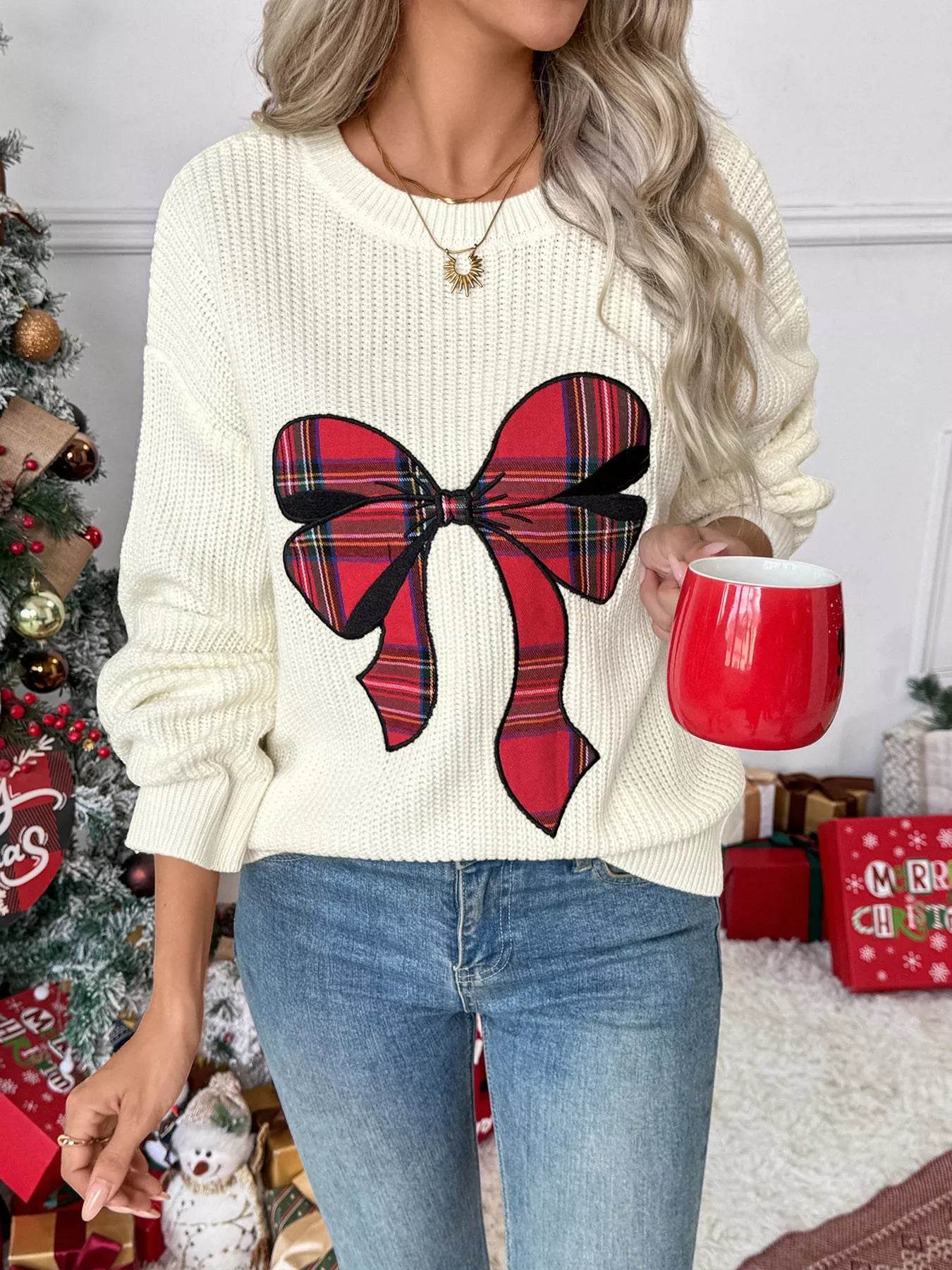 Christmas Bow Dropped Shoulder Sweater - ELY VESSA LLC