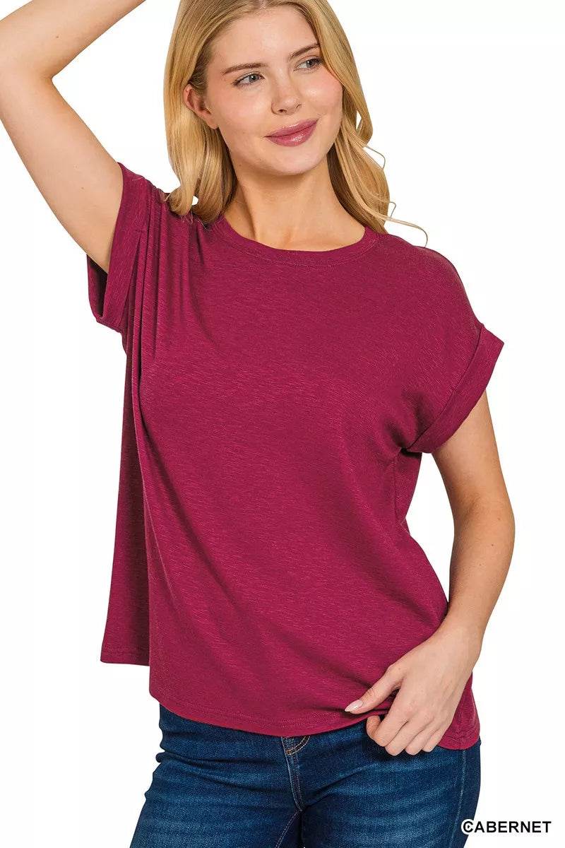 Zenana Cotton Modal Slub Rolled Sleeve T-Shirt - ELY VESSA LLC