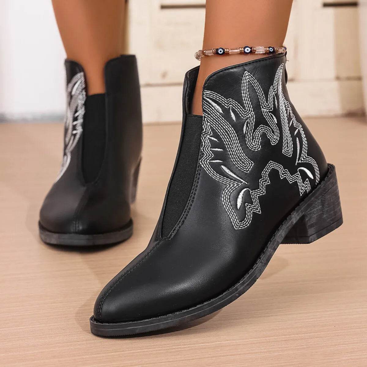 Western Embroidered Ankle Boots - ELY VESSA LLC