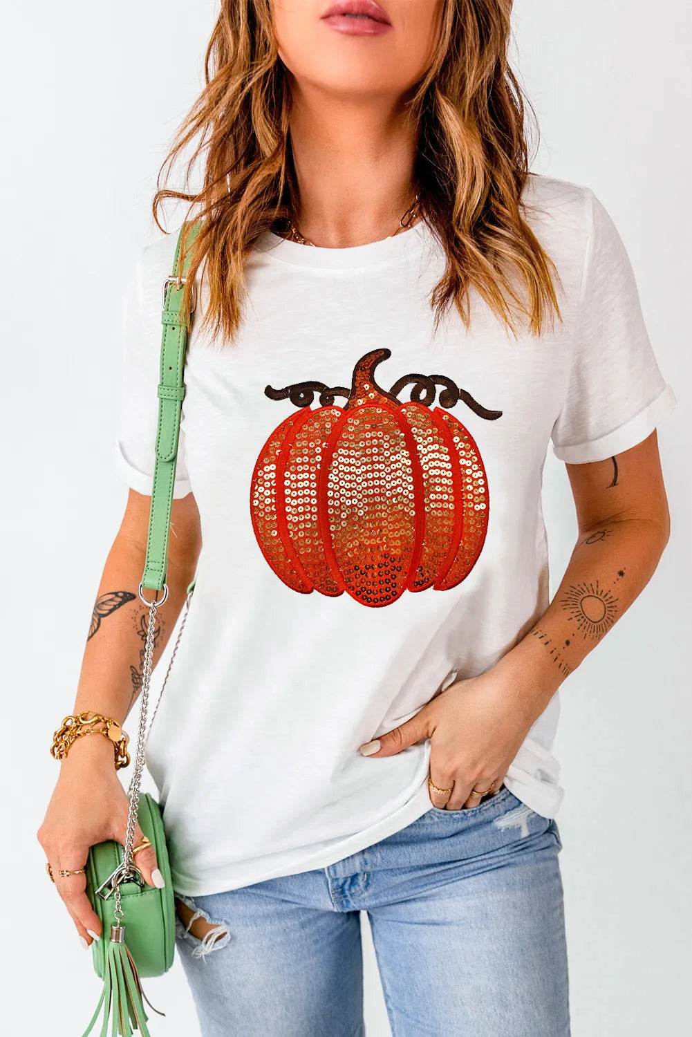 Full Size Sequin Pumpkin Round Neck Short Sleeve T-Shirt - ELY VESSA LLC