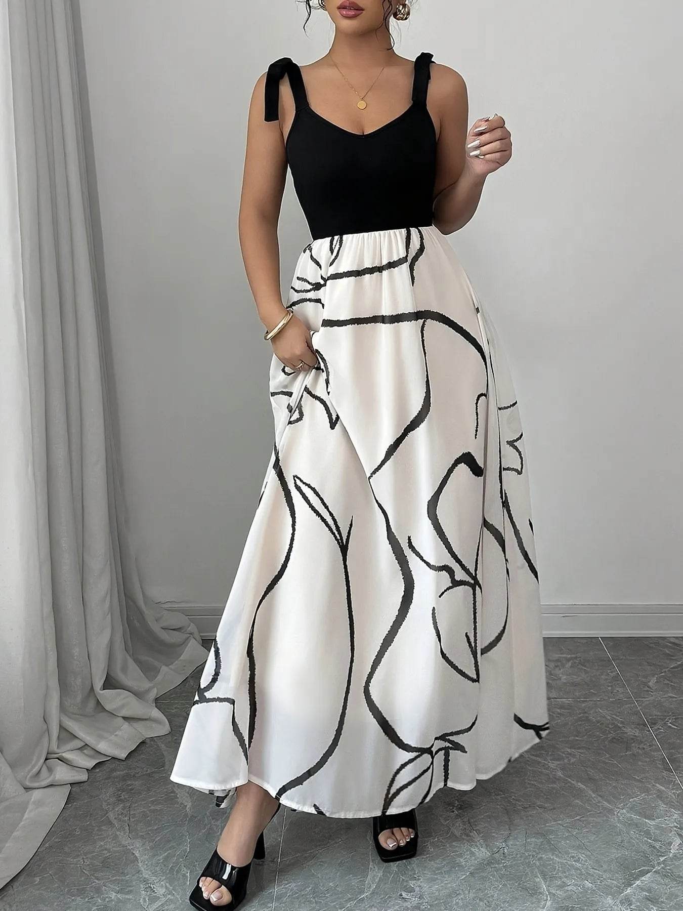 Tie Shoulder V-Neck Maxi Dress - ELY VESSA LLC